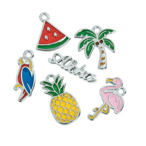 Aloha Hawaii Tropical Pink Flamingo Palm Tree Watermelon Charms