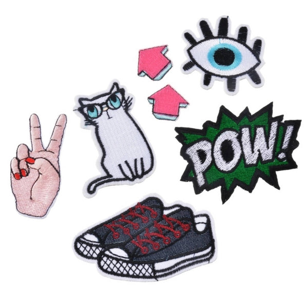 POW Denim Sneakers White Cat Pink Arrows Eye Iron-On Patches