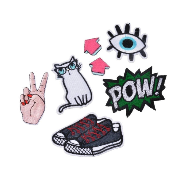 POW Denim Sneakers White Cat Pink Arrows Eye Iron-On Patches