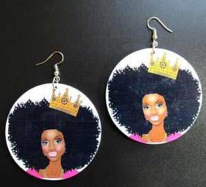 Crowned Queen Statement Dangle Wood Earrings