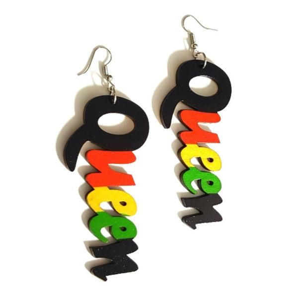 QUEEN Red Yellow Green Statement Dangle Wood Earrings