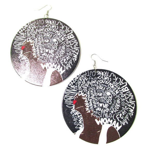 Black Strong Beautiful Woman Statement Dangle Wood Earrings