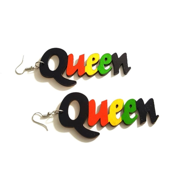 QUEEN Red Yellow Green Statement Dangle Wood Earrings