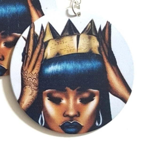 Black Queen Gold Crown Statement Dangle Wood Earrings