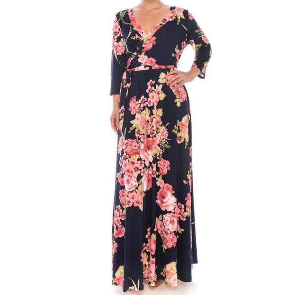 Cherry Blossom Faux Wrap Evening Plussize Maxi Dress