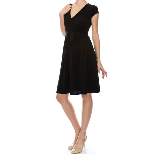 Black Solid Faux Wrap Knee Length Cap Sleeve Dress