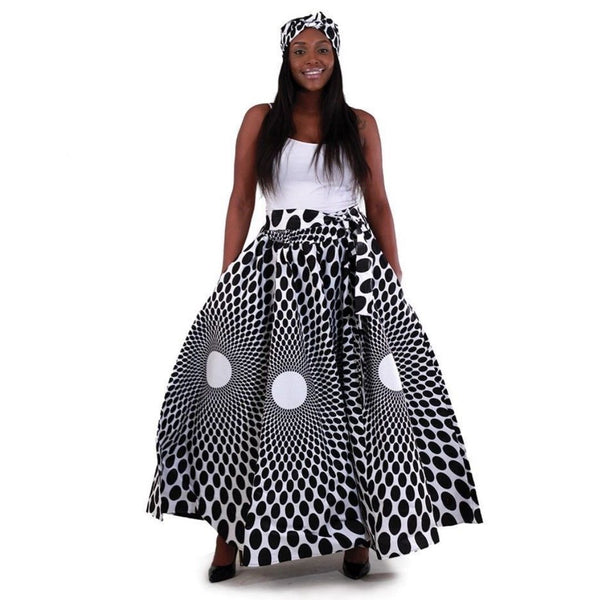 African Black White Print Maxi Skirt with Matching Headwrap