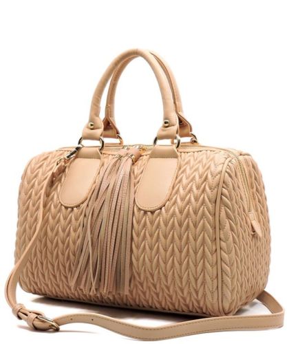 Brown Quilted Tassel Accent Boston Satchel Crossbody Handbag