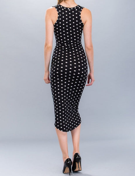 Capella Black White Polka Dot Basic Bodycon Sleeveless Racerback Dress