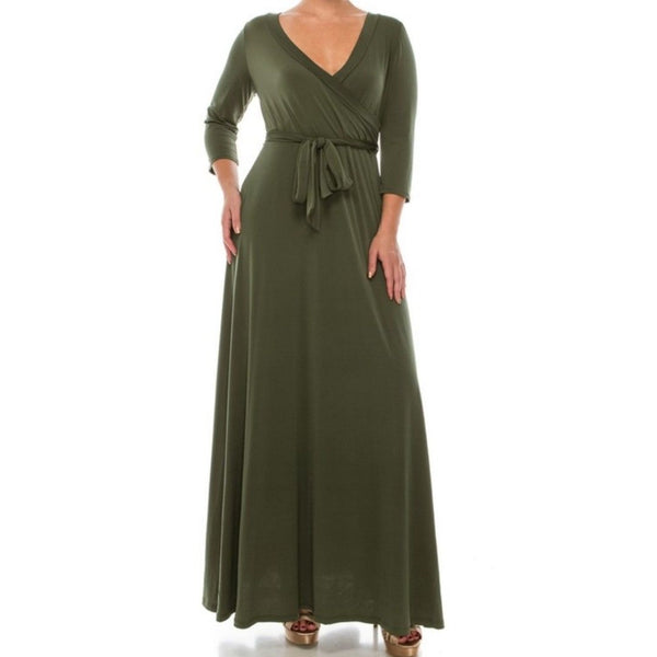 Olive Green Solid Faux Wrap 3/4 Sleeve Maxi Dress