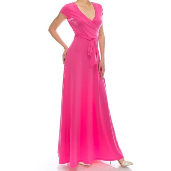 Pink Faux Wrap Cap Sleeve Causal Maxi Dress