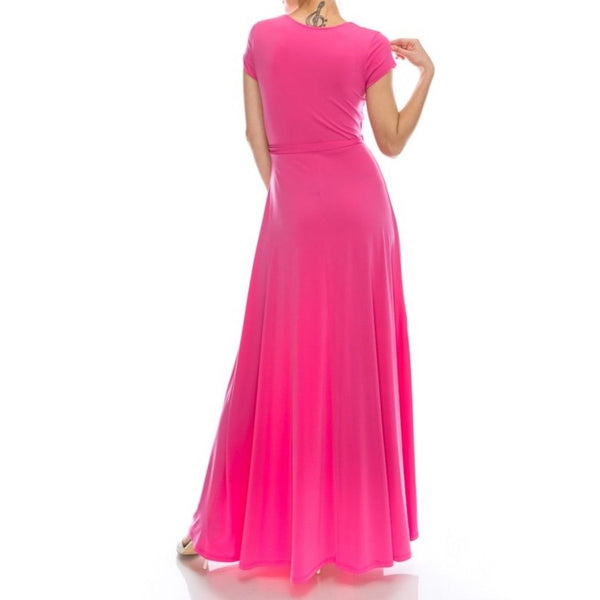 Pink Faux Wrap Cap Sleeve Causal Maxi Dress