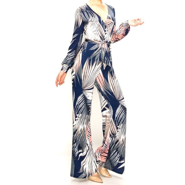 Blush Navy Palm Leaves Long Bell Sleeve Jumpsuit