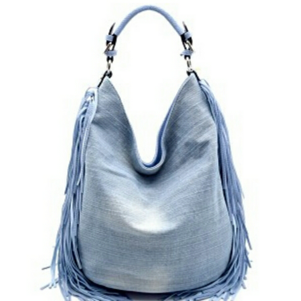 Denim Hobo Fringe Handbag with Crossbody Strap