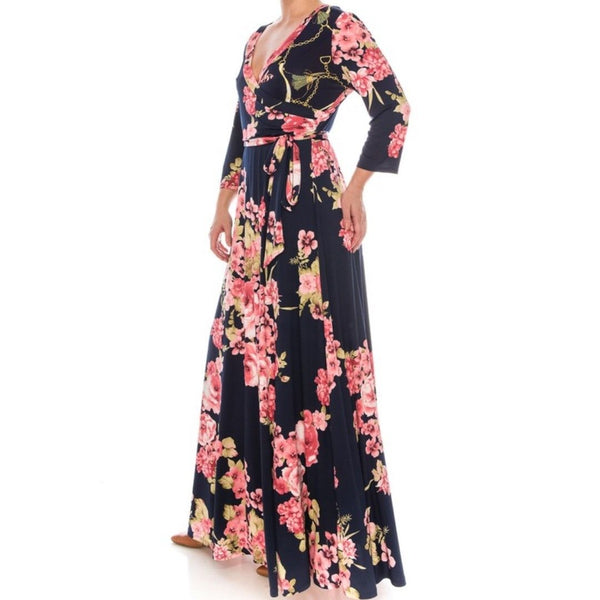 Cherry Blossom Faux Wrap Evening Plussize Maxi Dress