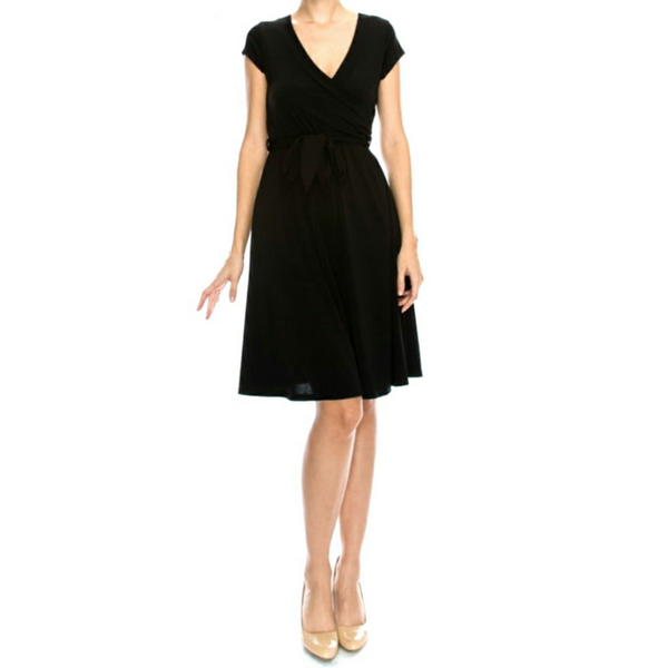 Black Solid Faux Wrap Knee Length Cap Sleeve Dress