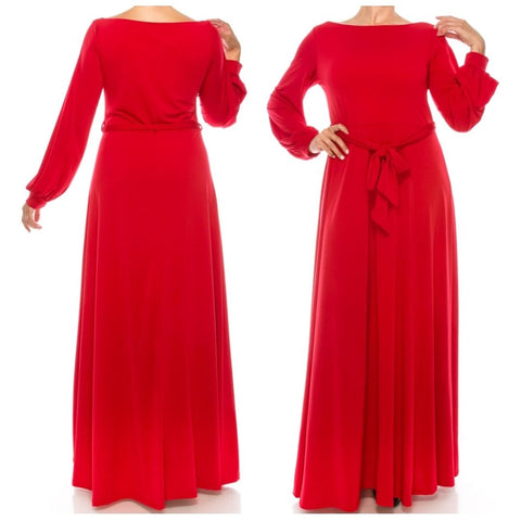 Red Solid Bell Long Sleeve Plussize Maxi Dress