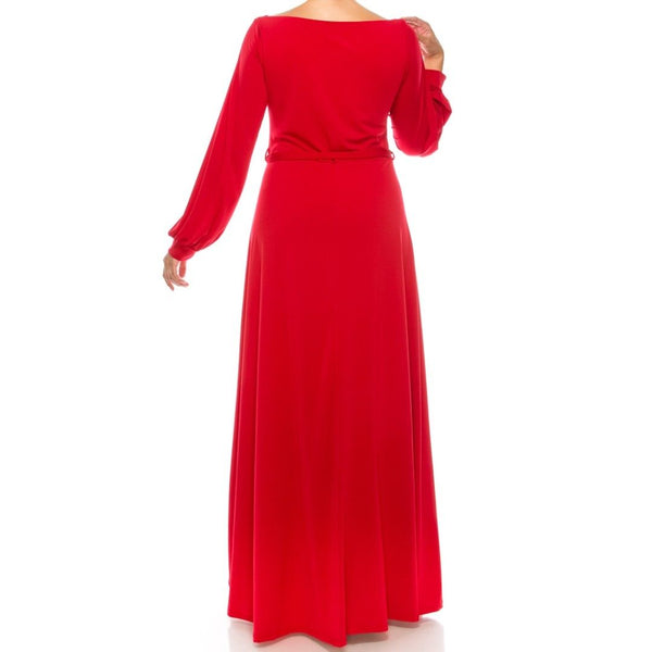 Red Solid Bell Long Sleeve Plussize Maxi Dress