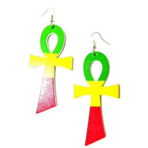 Ankh Rasta Statement Wood Dangle Drop Earrings (Green Top)