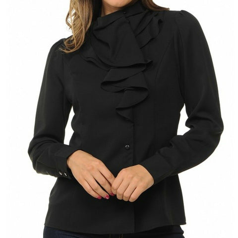 Sweet Habit Black Ruffle Long Sleeve Button Down Casual Blouse